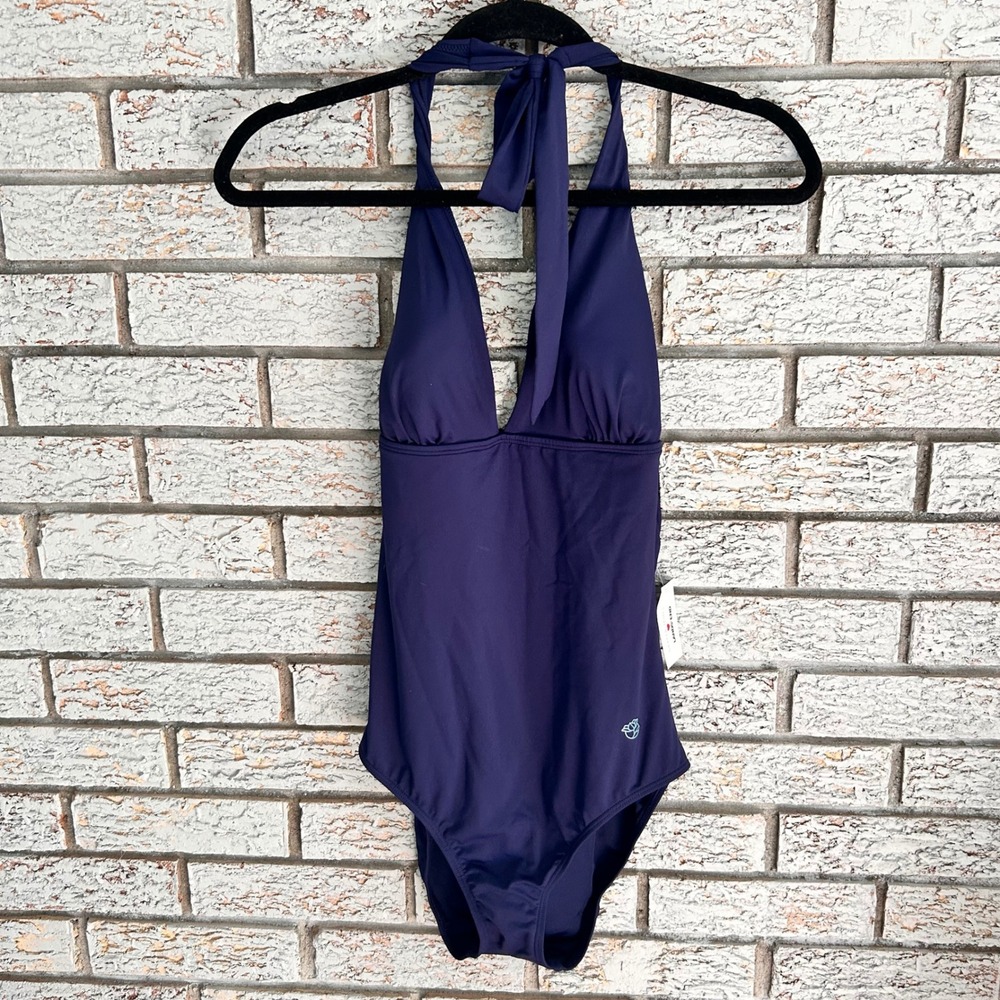 Draper James x Lands End Navy Blue Halter One Piece Swimsuit Size 10 NEW
